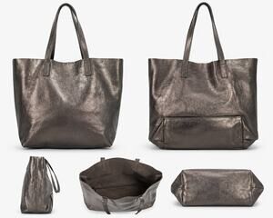 Metallic Pewter Leather Oversized Tote Bag Shoulder Shopper Carryall Large